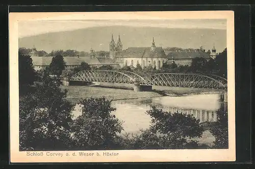 AK Corvey, Klosteransicht und Weserbrücke