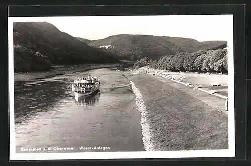 AK Karlshafen /Weser, Weser-Anlagen mit Ausflugsdampfer