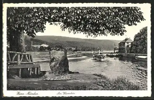 AK Hann. Münden, Am Weserstein mit Ausflugsdampfern