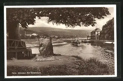 AK Hann. Münden, Weserstein mit Flussansicht und Dampfer