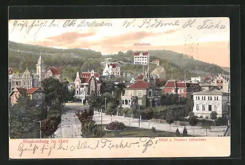 AK Blankenburg /Harz, Teilansicht vom Ort mit Hotel und Pension Silberhorn