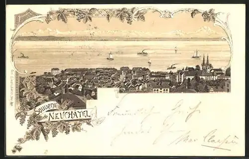 Lithographie Neuchatel, Panorama mit Seeblick