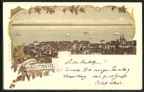 Lithographie Neuchatel, Stadt-Panorama mit See