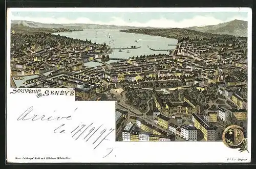 Lithographie Geneve, Stadtpanorama mit See