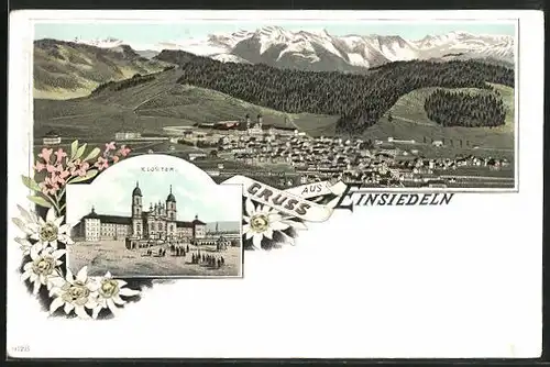 Lithographie Einsiedeln, Ansicht vom Kloster, Panorama mit Ort und Gebirge