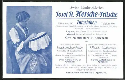 AK Interlaken, Swiss Embroideries Josef A. Hersche-Fritsche, Höheweg 99, Frau beim Sticken