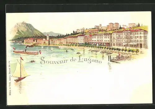 Lithographie Lugano, Teilansicht mit Dampfer