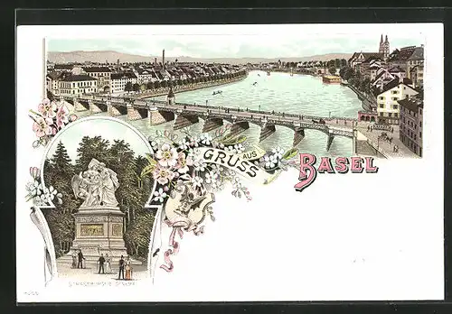 Lithographie Basel, Teilansicht mit Brücke, Strassburger Denkmal