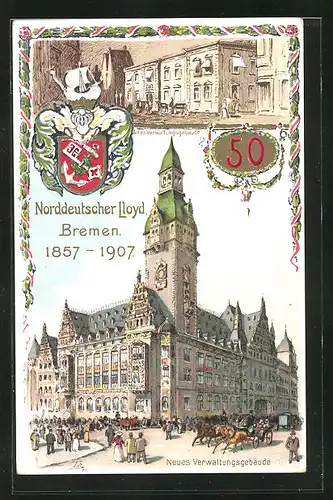 Lithographie Bremen, Altes und Neues Verwaltungsgebäude des Norddeutschen Bunds 1857-1907