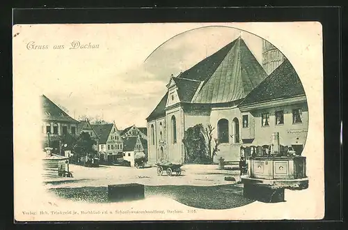 AK Dachau, Ortspartie mit Kirche und Brunnen