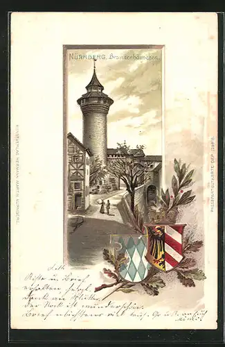 Passepartout-Lithographie Nürnberg, Brunnenhäuschen, Wappen