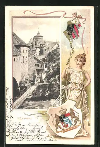 Passepartout-Lithographie Nürnberg, Flusspartie mit Strasse Kettenweg, Wappen