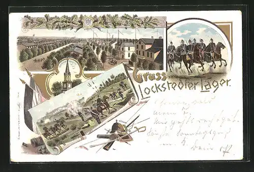 Lithographie Lockstedter Lager, Kavalleristen, Feuernde Kanone, Denkmal 1870 /71