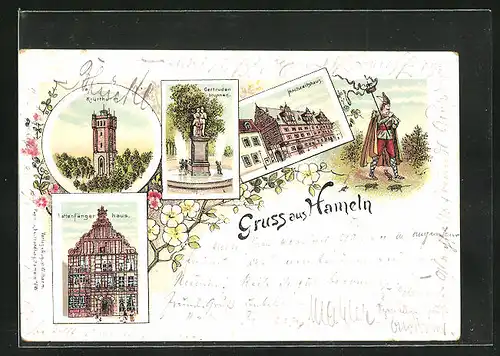 Lithographie Hameln, Hochzeitshaus, Rattenfängerhaus, Gertrudenbrunnen