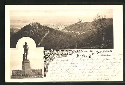 AK Harburg, Totalansicht mit Denkmal und Schloss