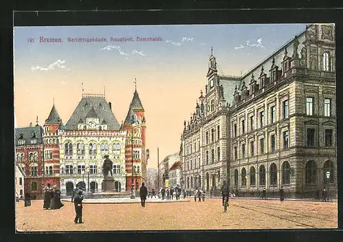 AK Bremen, Gerichtsgebäude, Hauptpost, Dom bei Dämmerung
