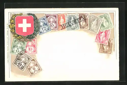 Künstler-AK Schweiz, Briefmarken und Wappen