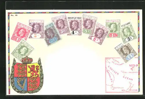Präge-Künstler-AK Fiji-Inseln, Briefmarken und Wappen, Landkarte mit Salomonen, Tasmanien und Australien