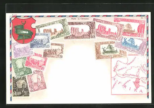 Präge-Künstler-AK Tunisie, Briefmarken und Wappen, Landkarte mit Marokko, Spanien und Frankreich