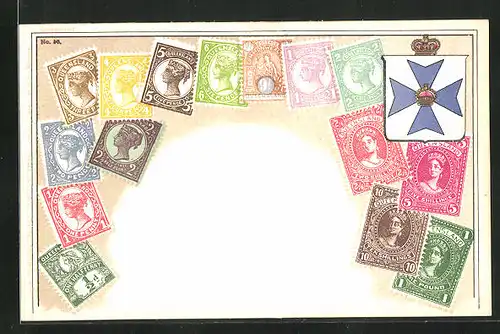 Präge-Künstler-AK Queensland, Briefmarken und Wappen