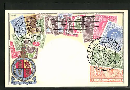 Präge-Künstler-AK England, Briefmarken und Wappen