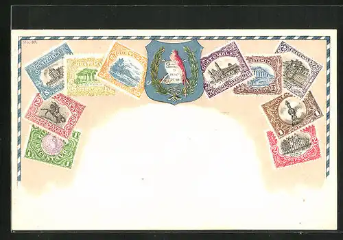 Präge-Künstler-AK Guatemala, Briefmarken und Wappen