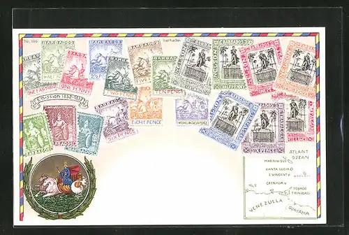 Präge-Künstler-AK Barbados, Briefmarken und Wappen, Landkarte mit Venezuela, Guayana und Grenada