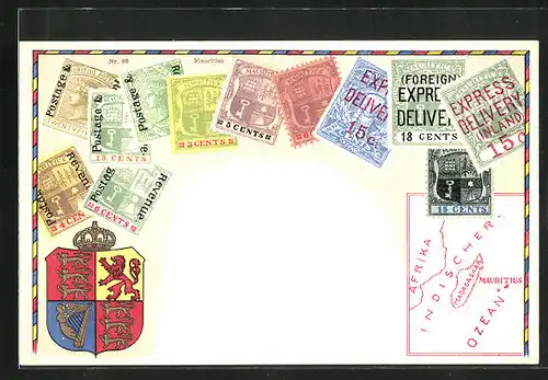 Künstler-AK Mauritius, Briefmarken und Wappen, Landkarte mit Afrika, Madagaskar und Indischem Ozean