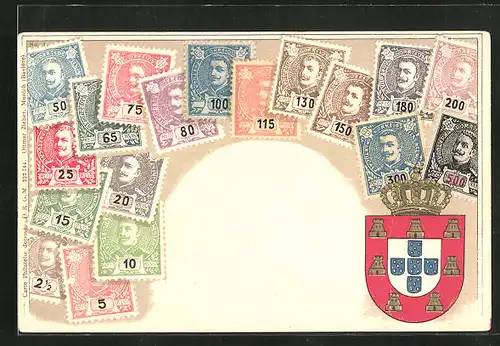 Präge-Lithographie Portugal, Briefmarken und Wappen
