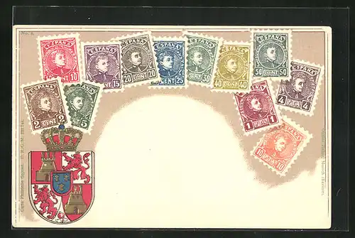 Präge-Lithographie Espana, Briefmarken und Wappen