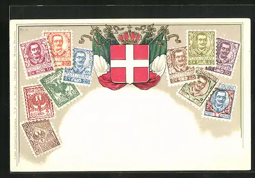 Präge-Lithographie Italien, Briefmarken und Wappen mit Flaggen