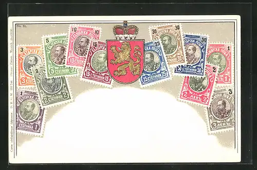Präge-Lithographie Bulgarien, Briefmarken und Wappen