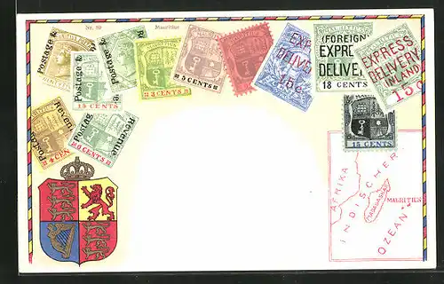Künstler-AK Mauritius, Briefmarken und Wappen, Landkarte mit Afrika, Madagaskar und Indischem Ozean