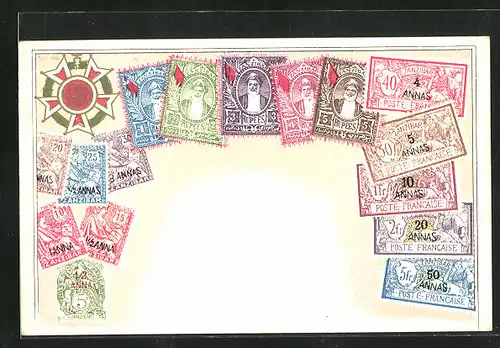 Künstler-AK Zanzibar, Briefmarken und Wappen