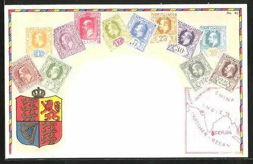 Künstler-AK Ceylon, Briefmarken und Wappen, Landkarte mit China, Indien und Persien