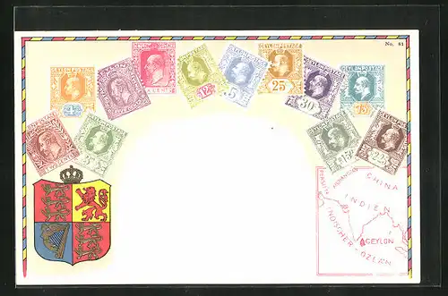 Künstler-AK Ceylon, Briefmarken und Wappen, Landkarte mit China, Indien und Persien
