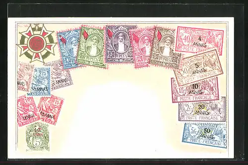 Künstler-AK Zanzibar, Briefmarken und Wappen