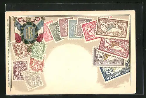 Präge-Lithographie Frankreich, Briefmarken, Wappen mit Flaggen
