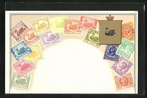 Präge-Künstler-AK Western Australia, Briefmarken und Wappen