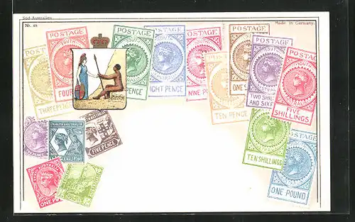 Künstler-AK Süd-Australien, Briefmarken und Wappen