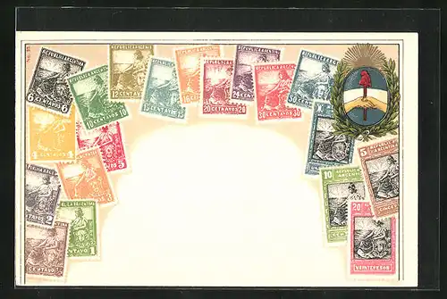 Lithographie Argentinien, Briefmarken und Wappen