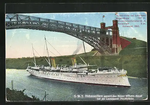 AK Levensau, Kriegsschiff S. M. Y. Hohenzollern passiert den Kaiser Wilhelm-Kanal bei der Levensauer Hochbrücke