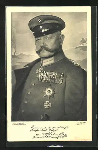 AK Paul von Hindenburg in Uniform mit Orden und Mütze