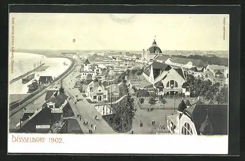 AK Düsseldorf, Blick über das Ausstellungsgelände mit Rheinpartie, 1902