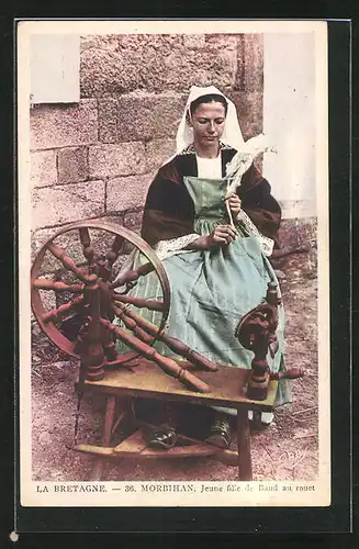 AK Morbihan, Jeune fille de Baud au rouet, Bretagne, Spinnrad