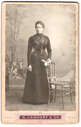 Fotografie A. Jandorf & Co., Berlin-NO, Grosse Frankfurter-Strasse 113, Portrait bürgerliche Dame im bestickten Kleid