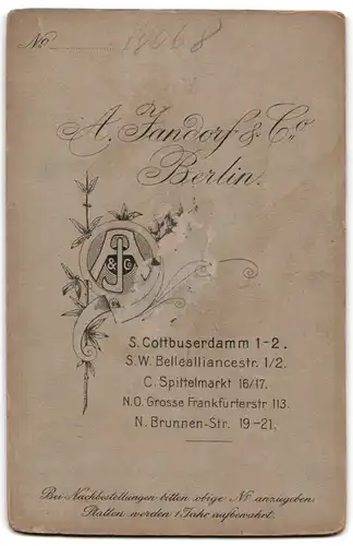 Fotografie A. Jandorf & Co., Berlin-N, Brunnen-Strasse 19-21, Portrait bürgerliche Dame mit Buch an Stuhl gelehnt