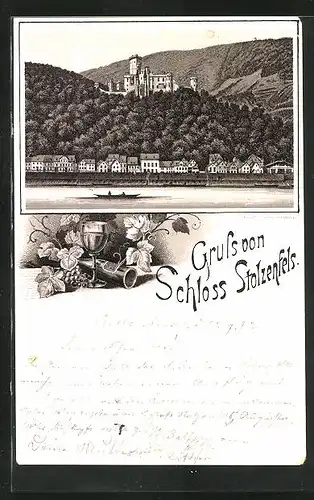 Vorläufer-Lithographie Schloss Stolzenfels, 1892, Flusspartie mit Schloss