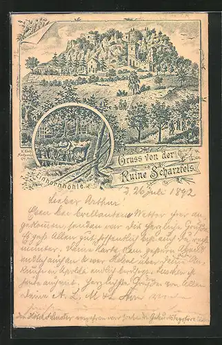 Vorläufer-Lithographie Scharzfeld, 1892, Ruine Scharzfels
