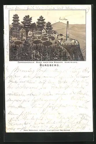 Vorläufer-Lithographie Burgberg / Bad Harzburg, 1892, Canossasäule, Restaurant